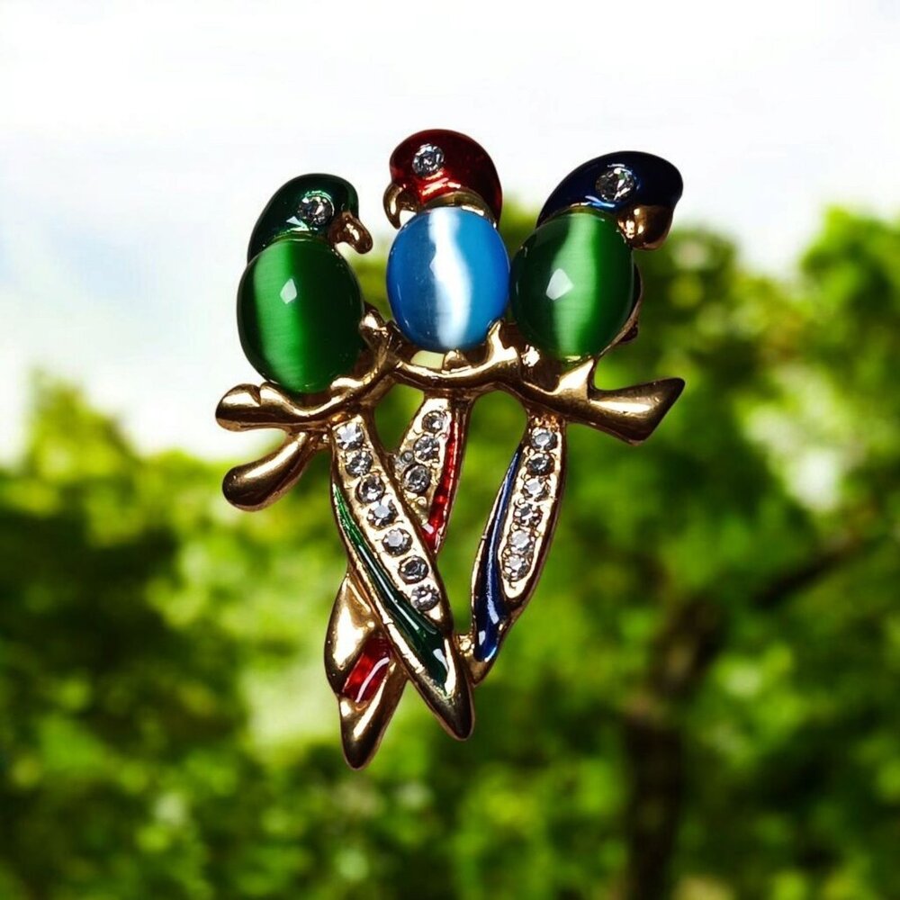 Vintage Jelly Belly & Rhinestone Parrots Birds 3 On a Tree Branch Brooch Pin